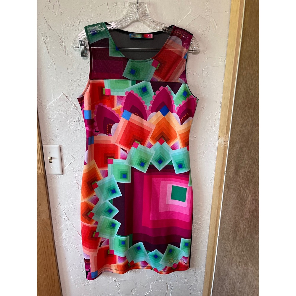 Desigual Womens Geometric Print Mesh Yoke Sleeveless Sheath Dress Multicolor L